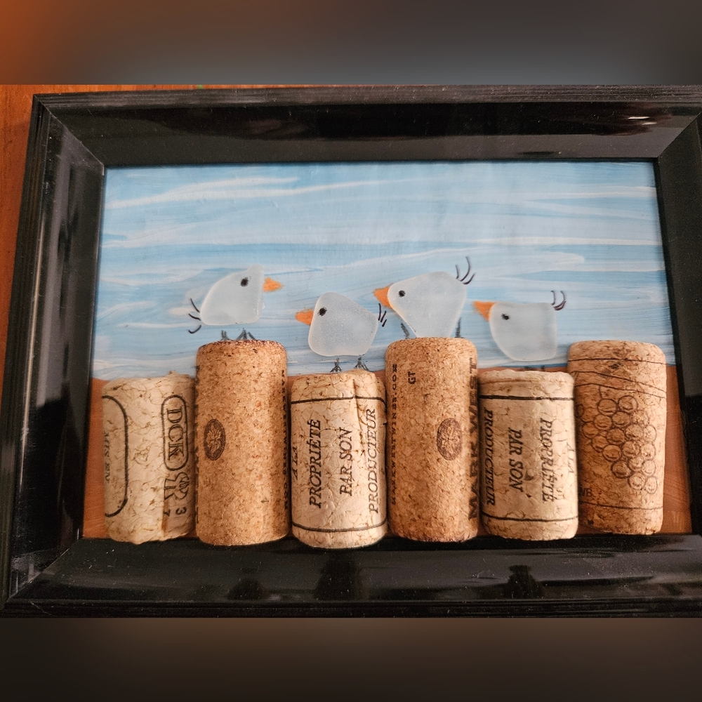 Hand Made Sea Glass Framed Cork Art with Birds